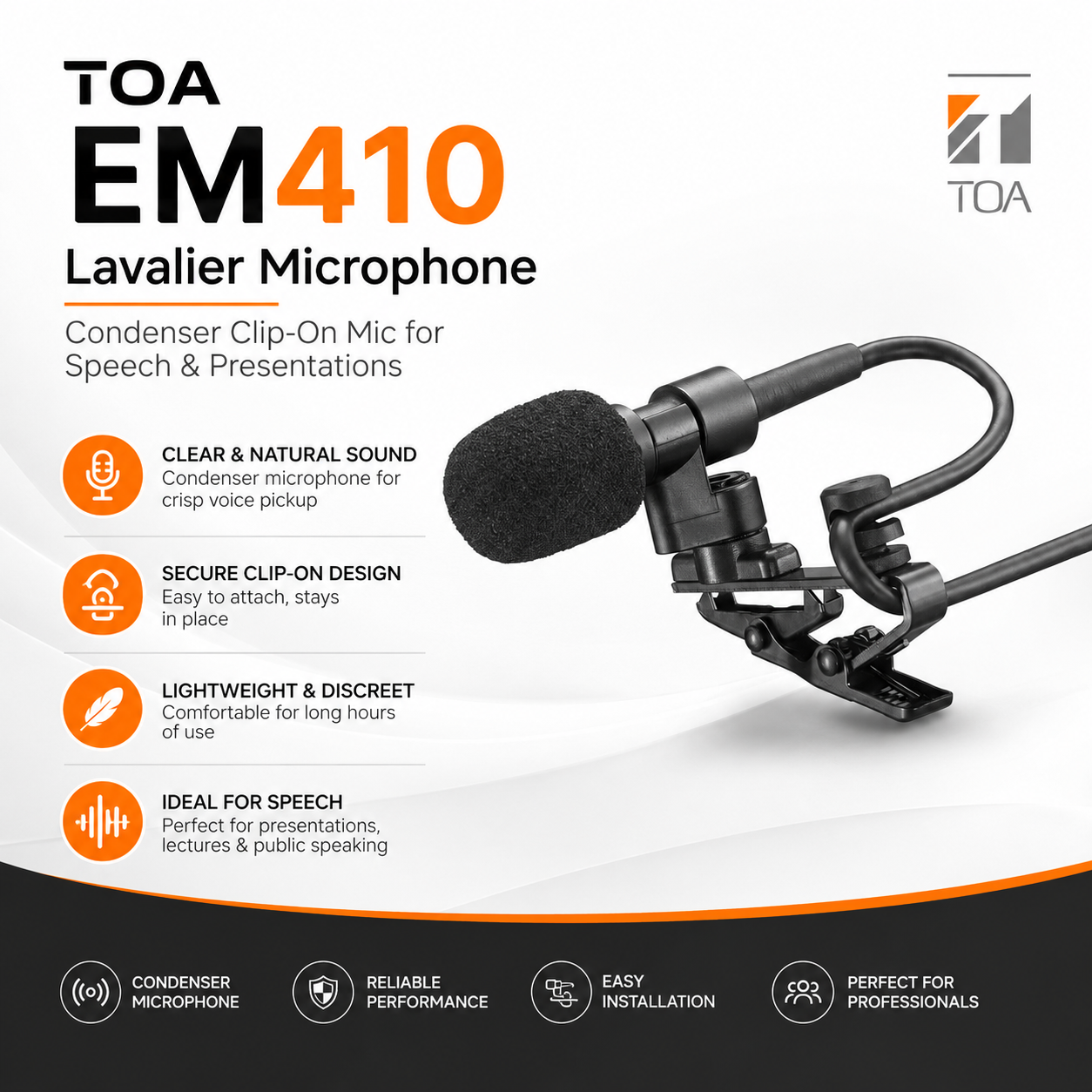 TOA EM410 Mikrofon Lavalier – Mikrofon Klip Kondensor untuk Ucapan & Pembentangan