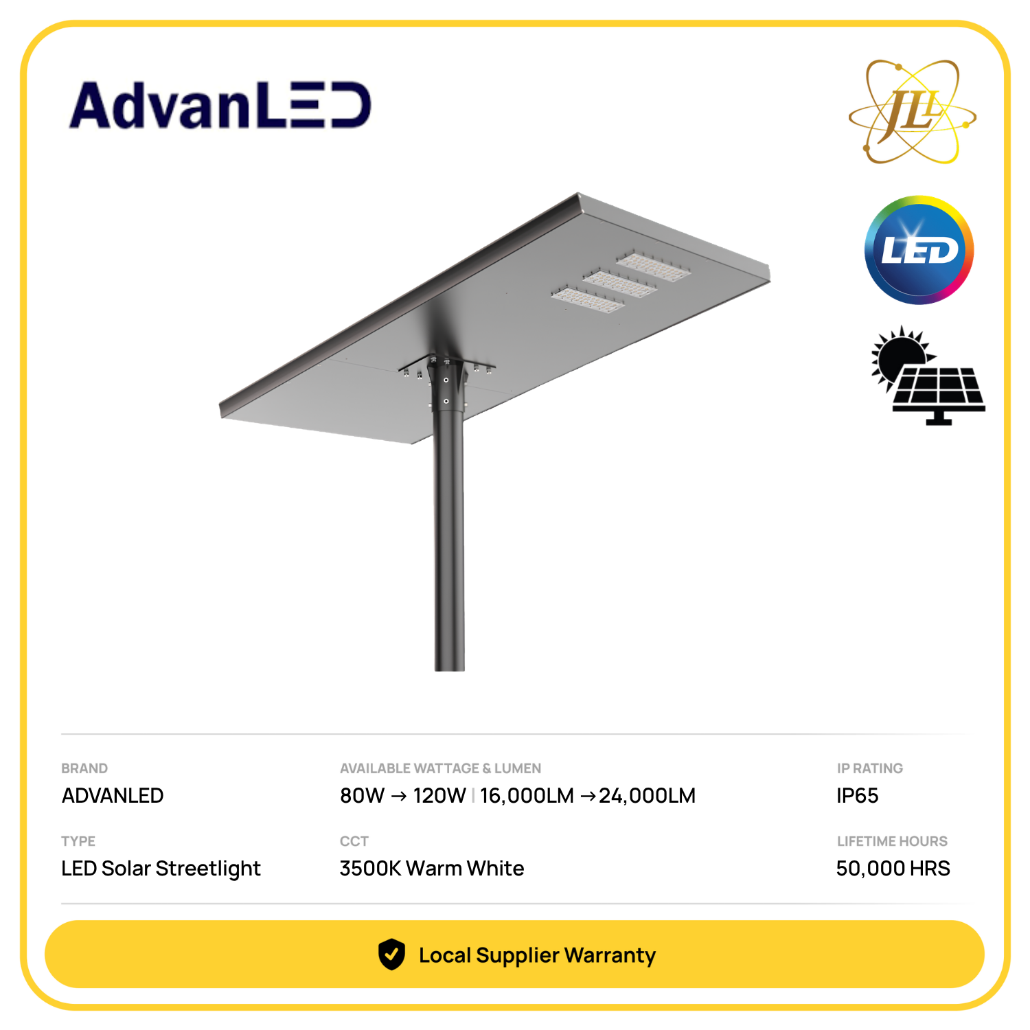 ADVANLED QUBIT LED SOLAR STREETLIGHT G1 3500K 50,000HRS CRI70 IP65 [80W/120W] [16000LM/24000LM] (JKR CERTIFIED)