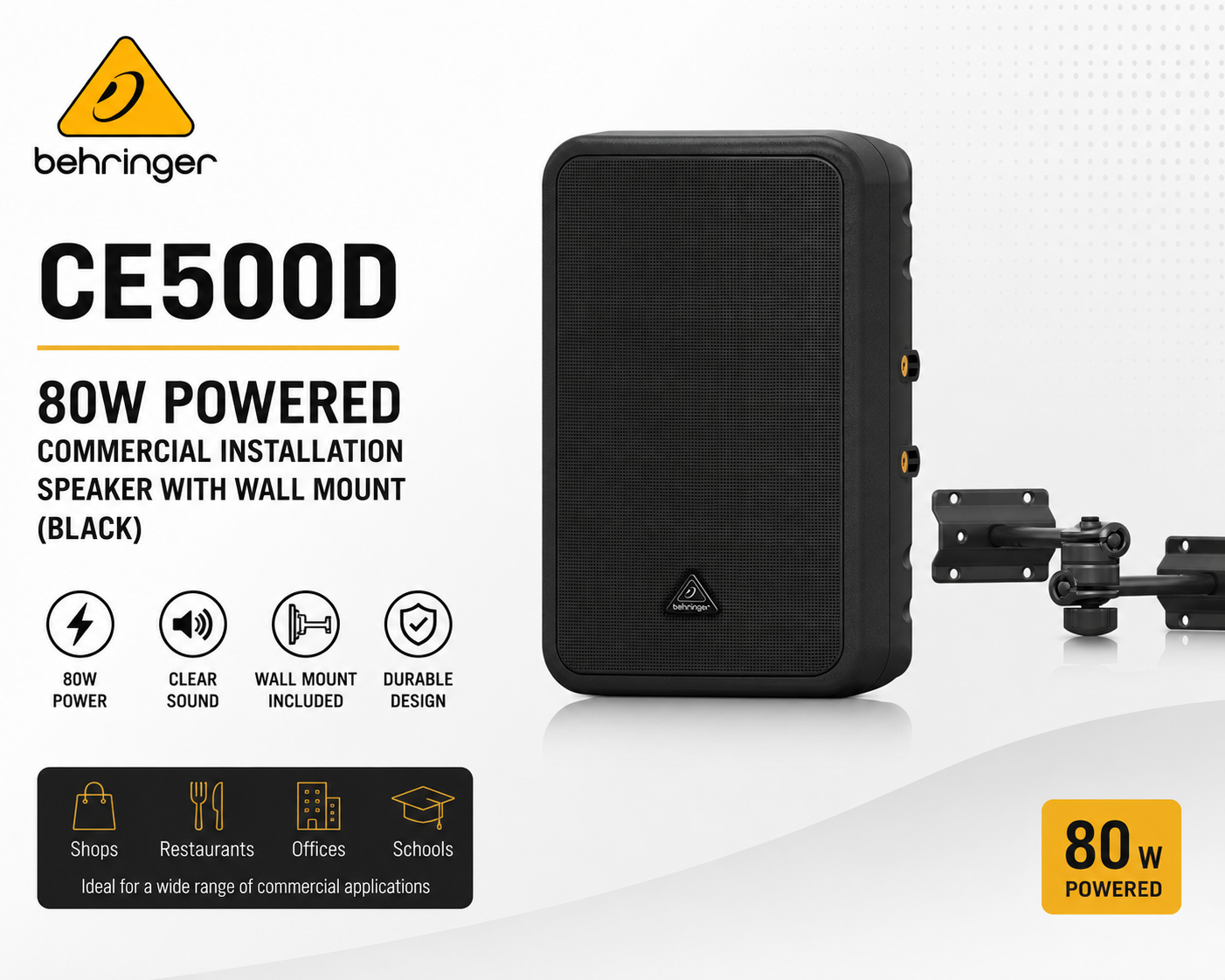 Behringer CE500D – 80W Powered Commercial Installation Speaker with Wall Mount (Black)