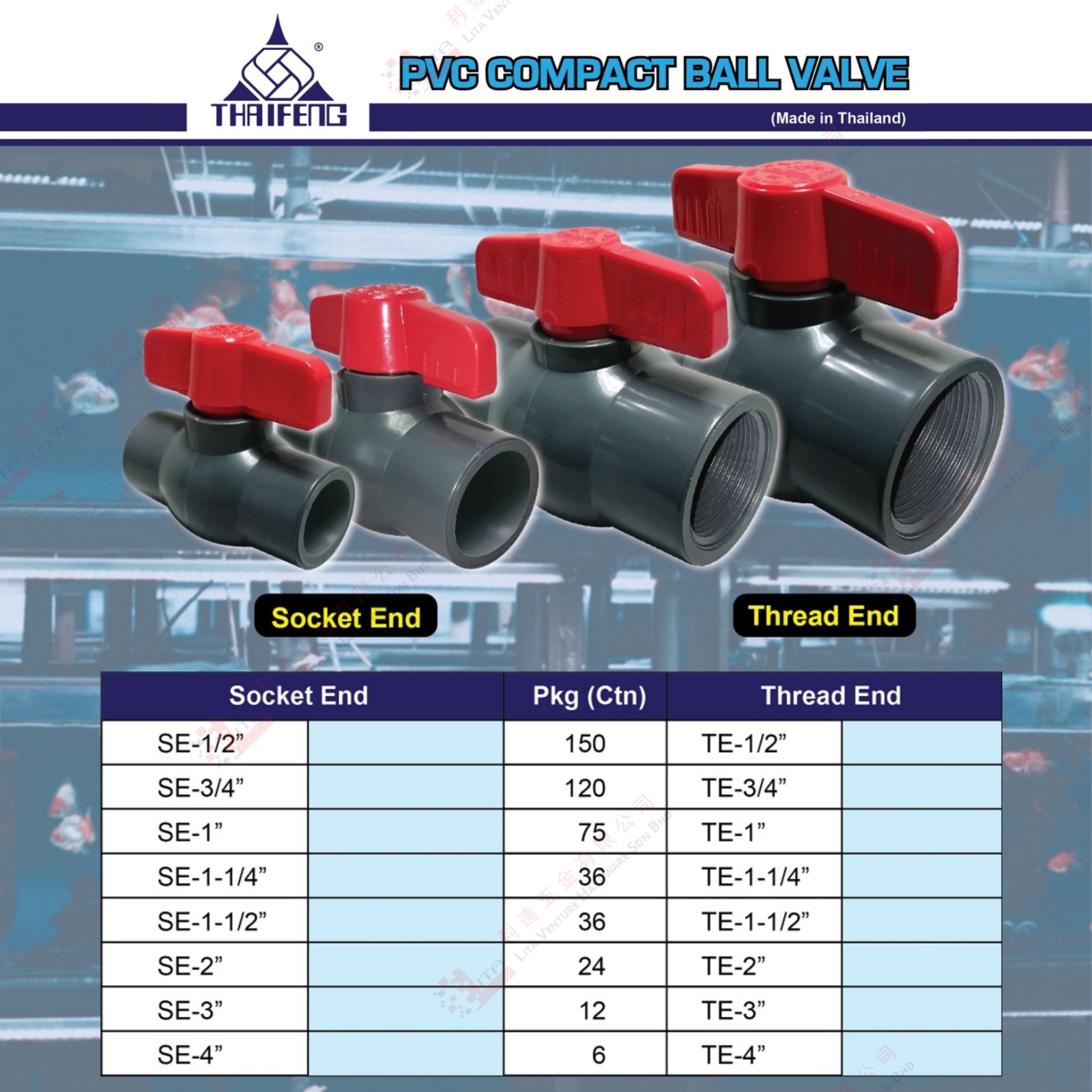 THAIFENG BRAND  PVC COMPACT BALL VALVE - SE12'' SE34'' SE1'' SE114'' SE112'' SE2'' SE3'' SE4''