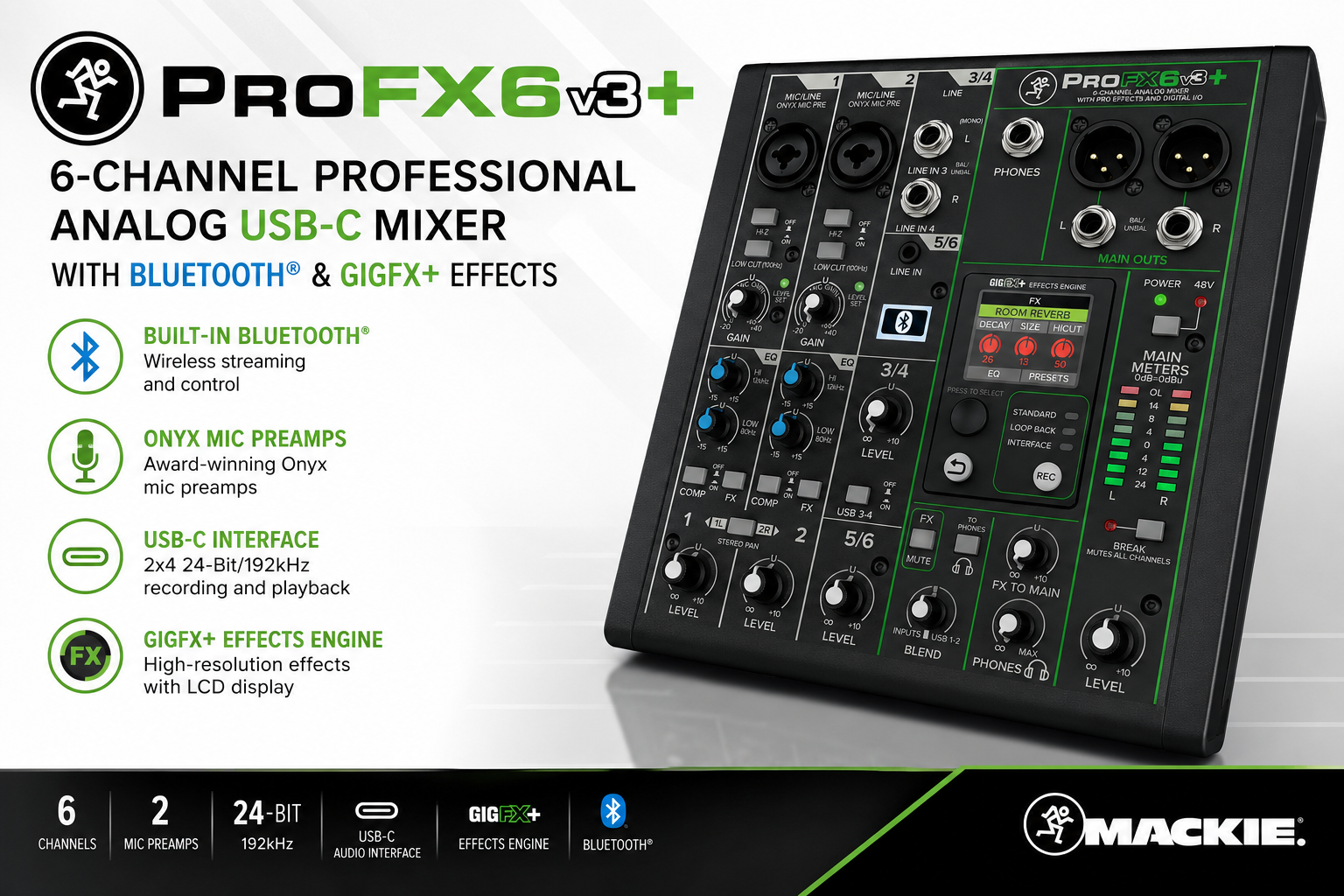 Mackie ProFX6v3+ 6 通道 专业模拟 USB-C 调音台（蓝牙® + GigFX+ 增强效果）