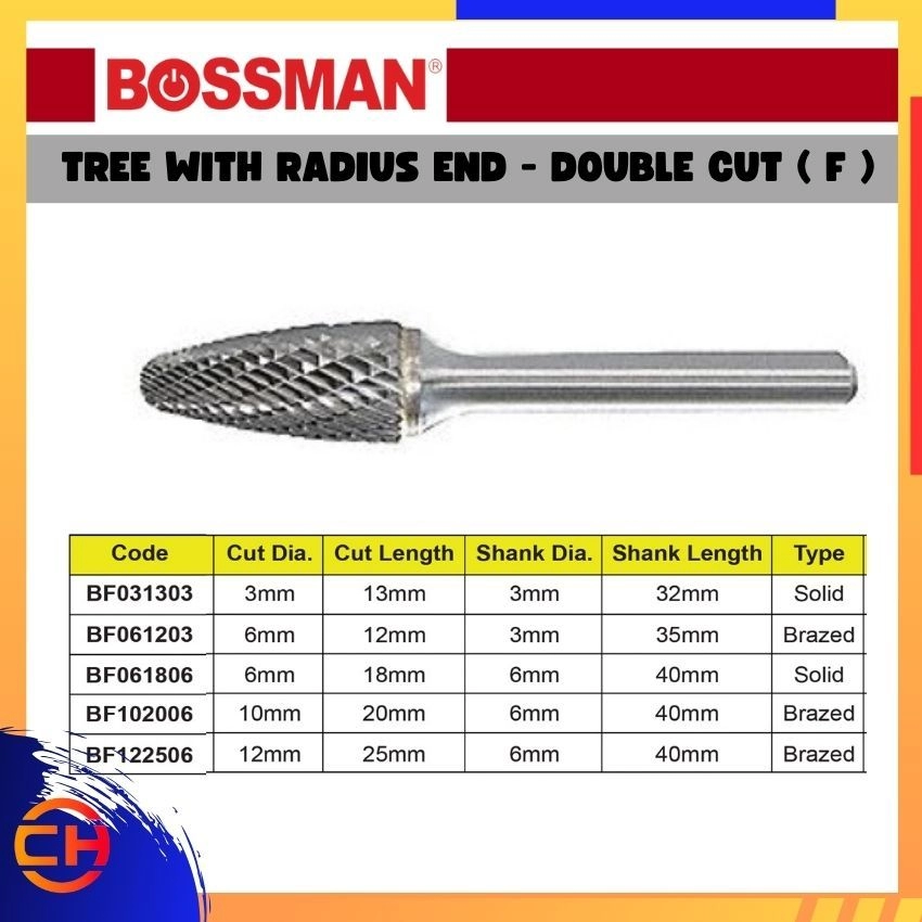 BOSSMAN TCT CARBIDE BURRS BF031303/ BF061203/ BF061806/ BF102006/ BF122506 TREE WITH RADIUS END - DOUBLE CUT (F)