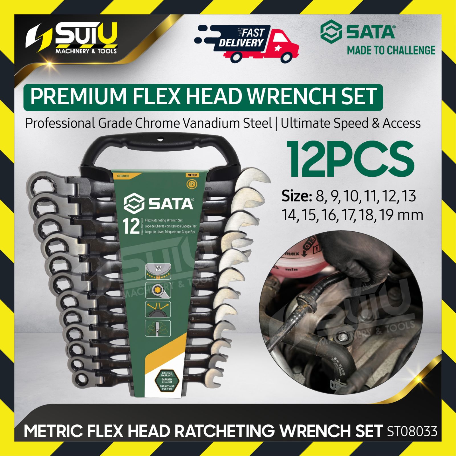 SATA ST08033 12PCS Metric Flex Head Ratcheting Wrench Set