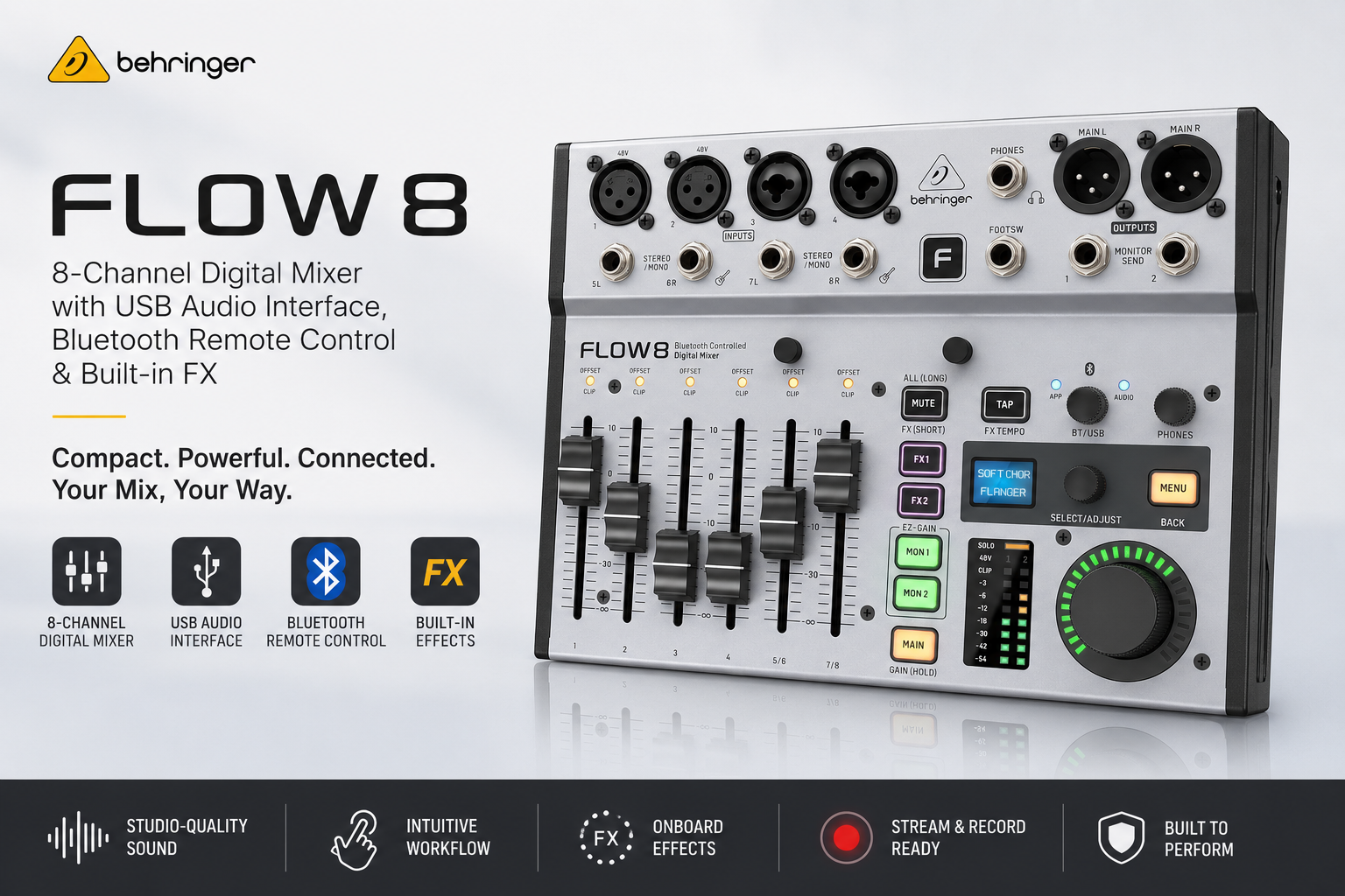 Behringer FLOW 8 – Pencampur Digital 8 Saluran dengan Antaramuka Audio USB, Kawalan Bluetooth & FX Terbina