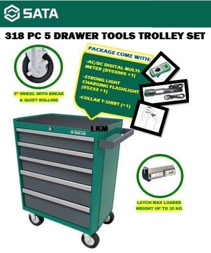 SATA 95121P-22 318PCS 5 Drawers Tool Trolley Set w/ Free Gift