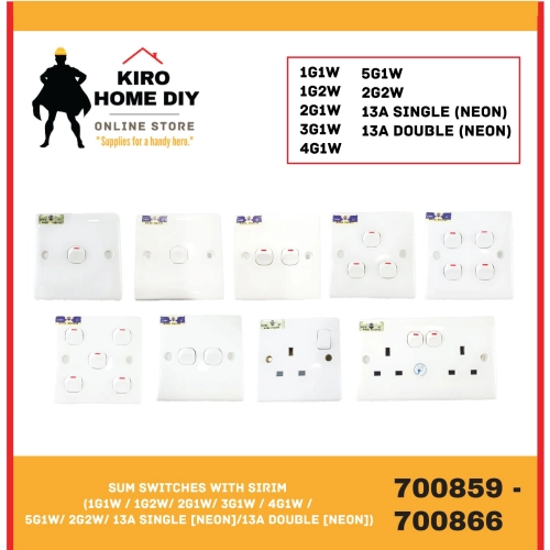 SUM Switch Socket with SIRIM  (1G1W / 1G2W/ 2G1W/ 3G1W / 4G1W /  5G1W/ 2G2W/ 13A SINGLE [NEON]/13A DOUBLE [NEON]) - 700859 - 700866 