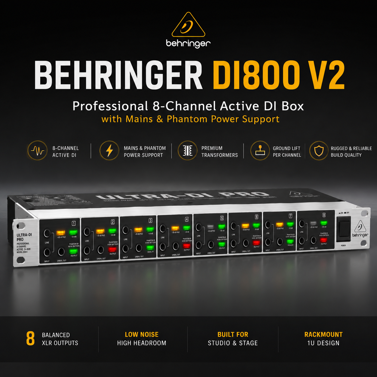 Behringer DI800 V2 – 专业8通道有源DI盒（支持电源与幻象供电）
