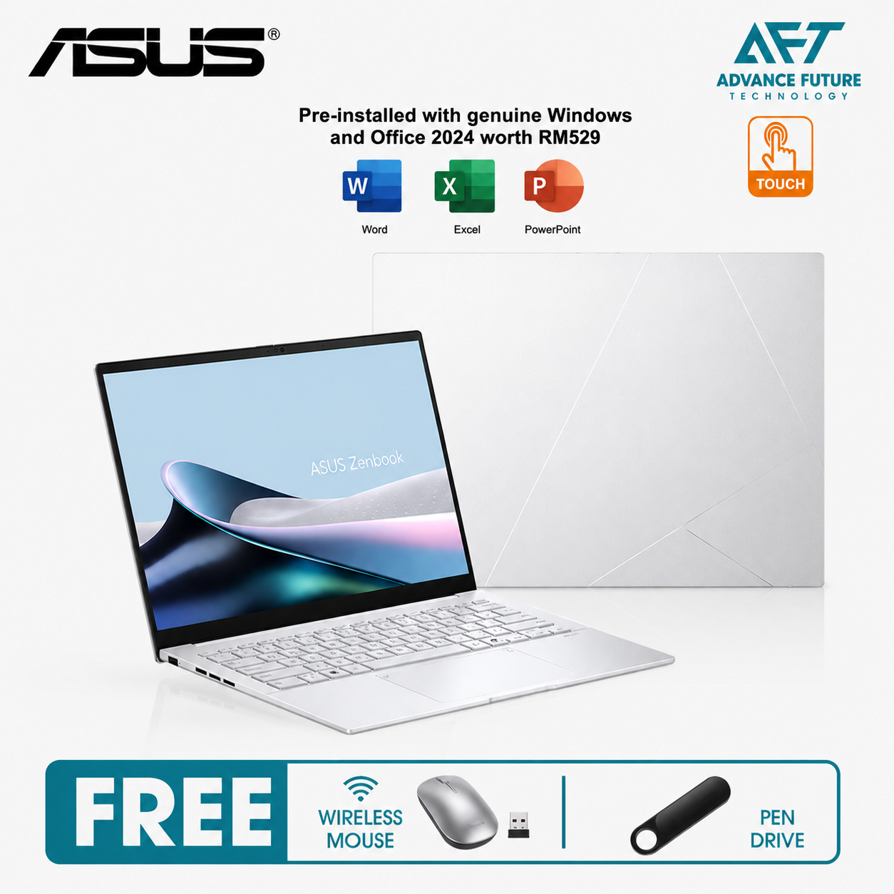 Asus Zenbook 14 OLED UX3405C-APZ146WS 14" 3K Touch Laptop Foggy Silver ( Intel Core Ultra 5 225H, 16GB, 512GB SSD, Intel, W11, H&S 2024&M365 )