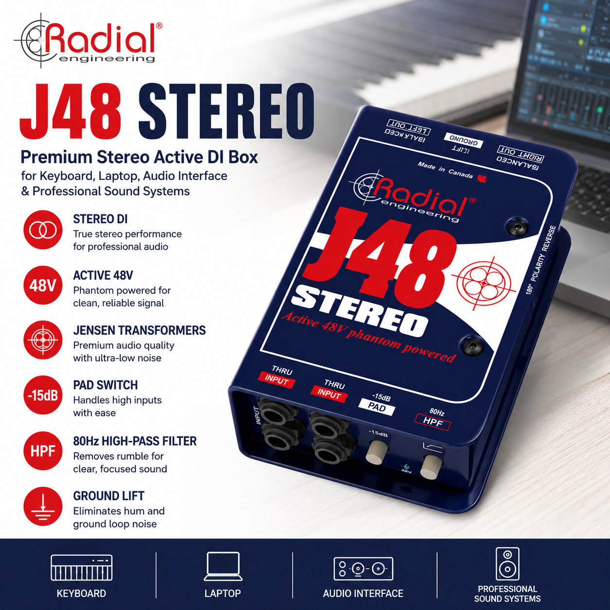 Radial Engineering J48 Stereo 高级立体声主动式DI直通盒 键盘电脑音源连接调音台音响系统