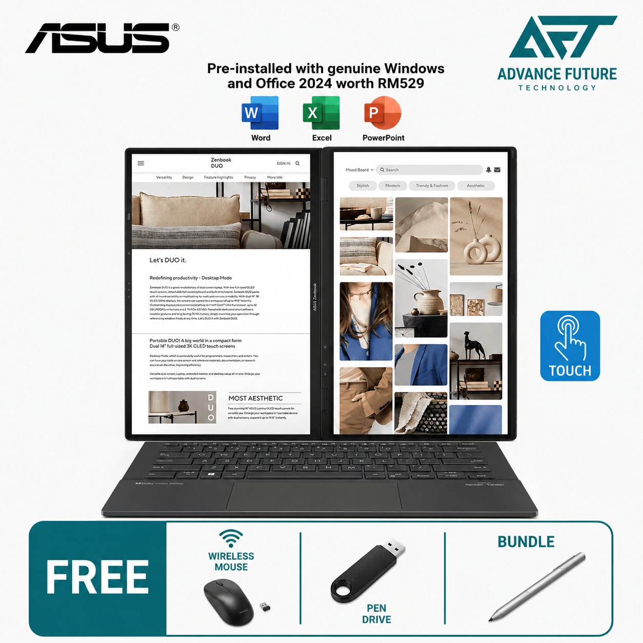 Asus Zenbook Duo UX8406C-AQL290WS 14" FHD OLED Touch Laptop Inkwell Gray ( Intel Core Ultra 7 255H, 32GB, 1TB SSD, Intel, W11, H&S 2024&M365 )