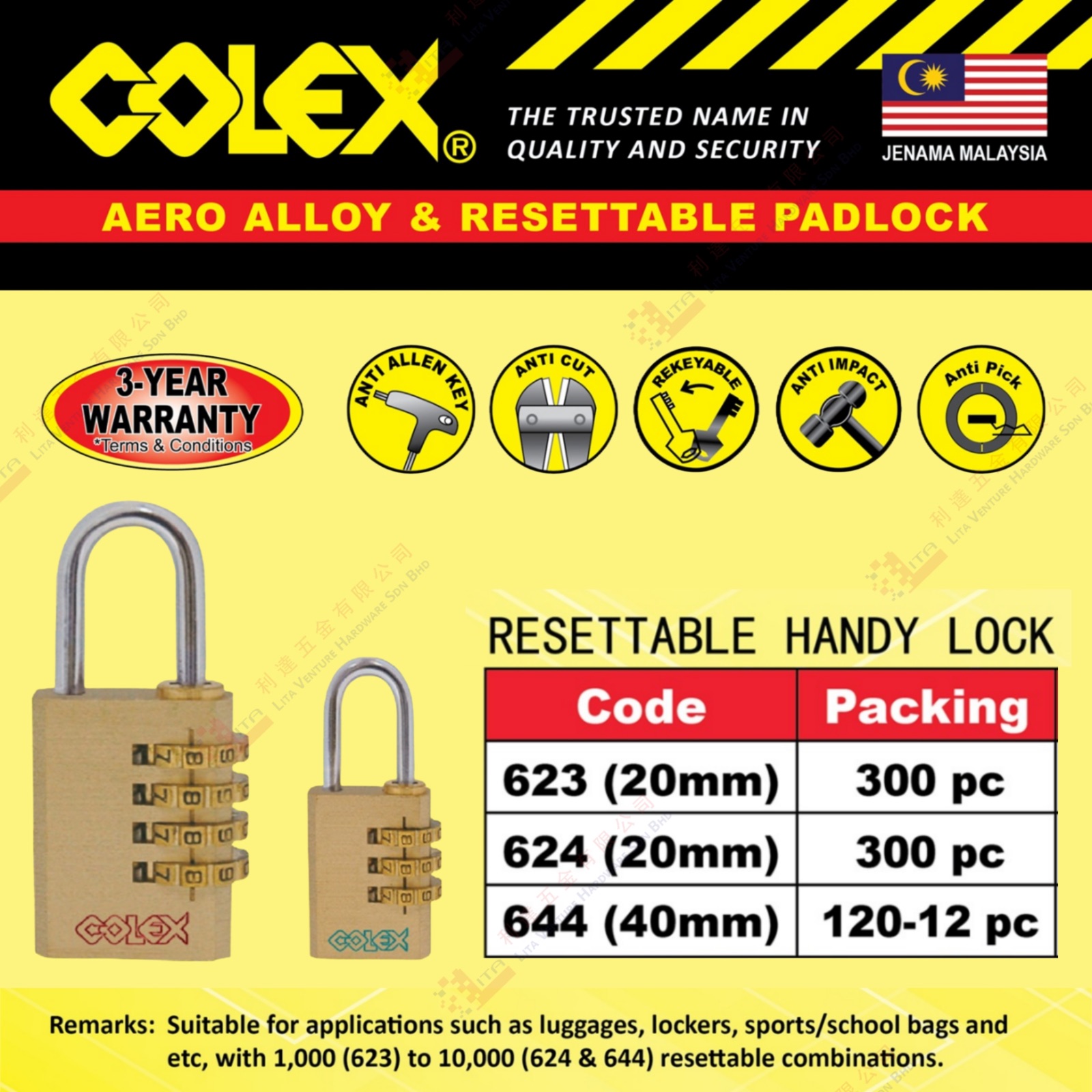 COLEX BRAND AERO ALLOY & RESETTABLE PAD LOCK - 623 624 644