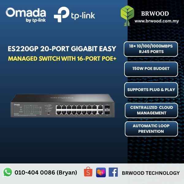 OMADA TP-LINK ES220GP: 20-Port Gigabit Easy Managed Switch with 16-Port PoE+