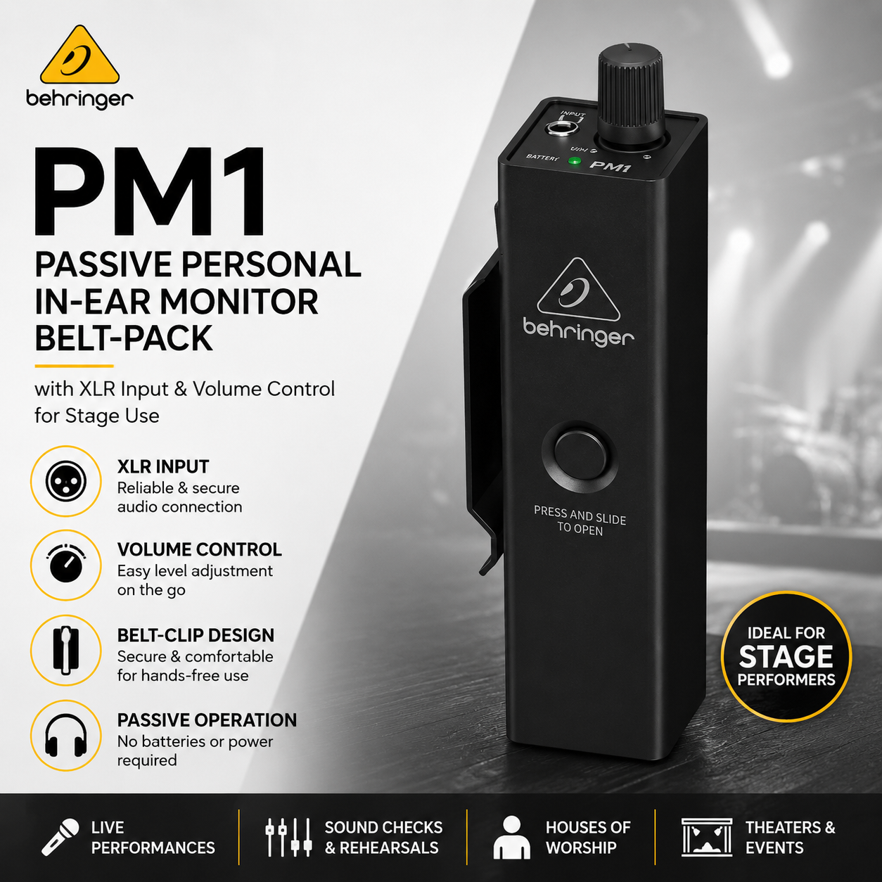 Behringer PM1 – Pek Pinggang Monitor In-Ear Peribadi Pasif dengan Input XLR & Kawalan Volum untuk Kegunaan Pentas