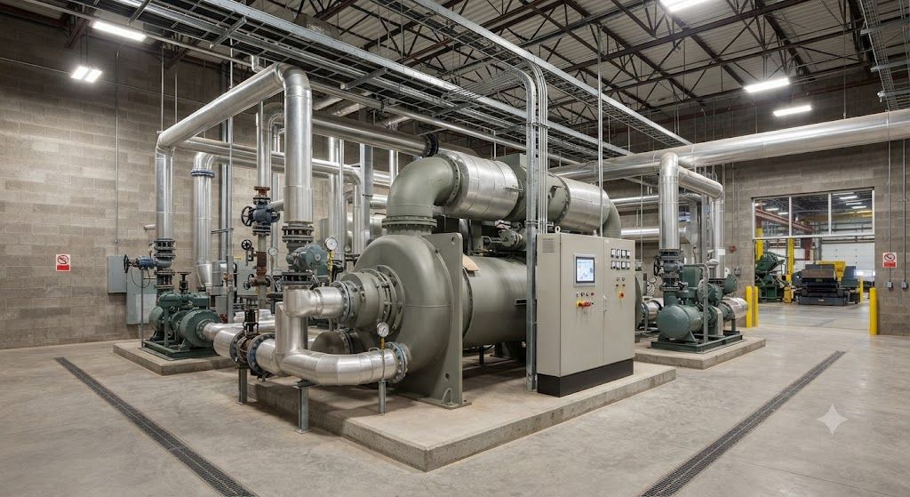 Heavy industrial factory centrifugal chiller setup