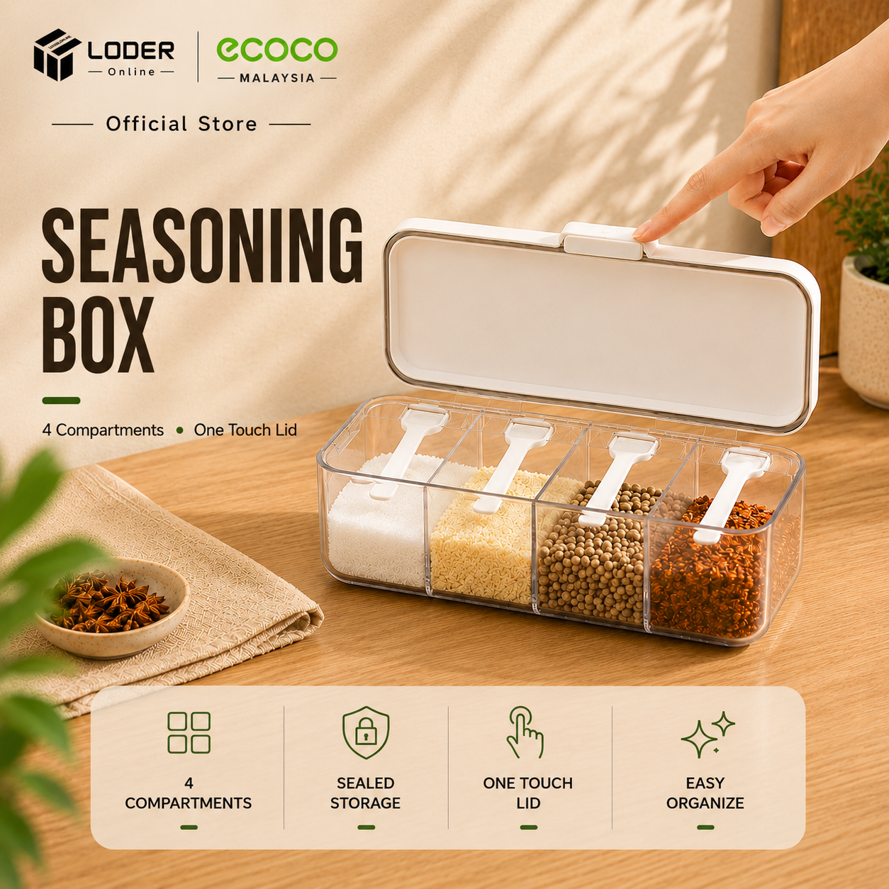 LODER ECOCO Seasoning Box Kitchen Spice Container Condiment Storage Box Seasoning Organizer with Lid