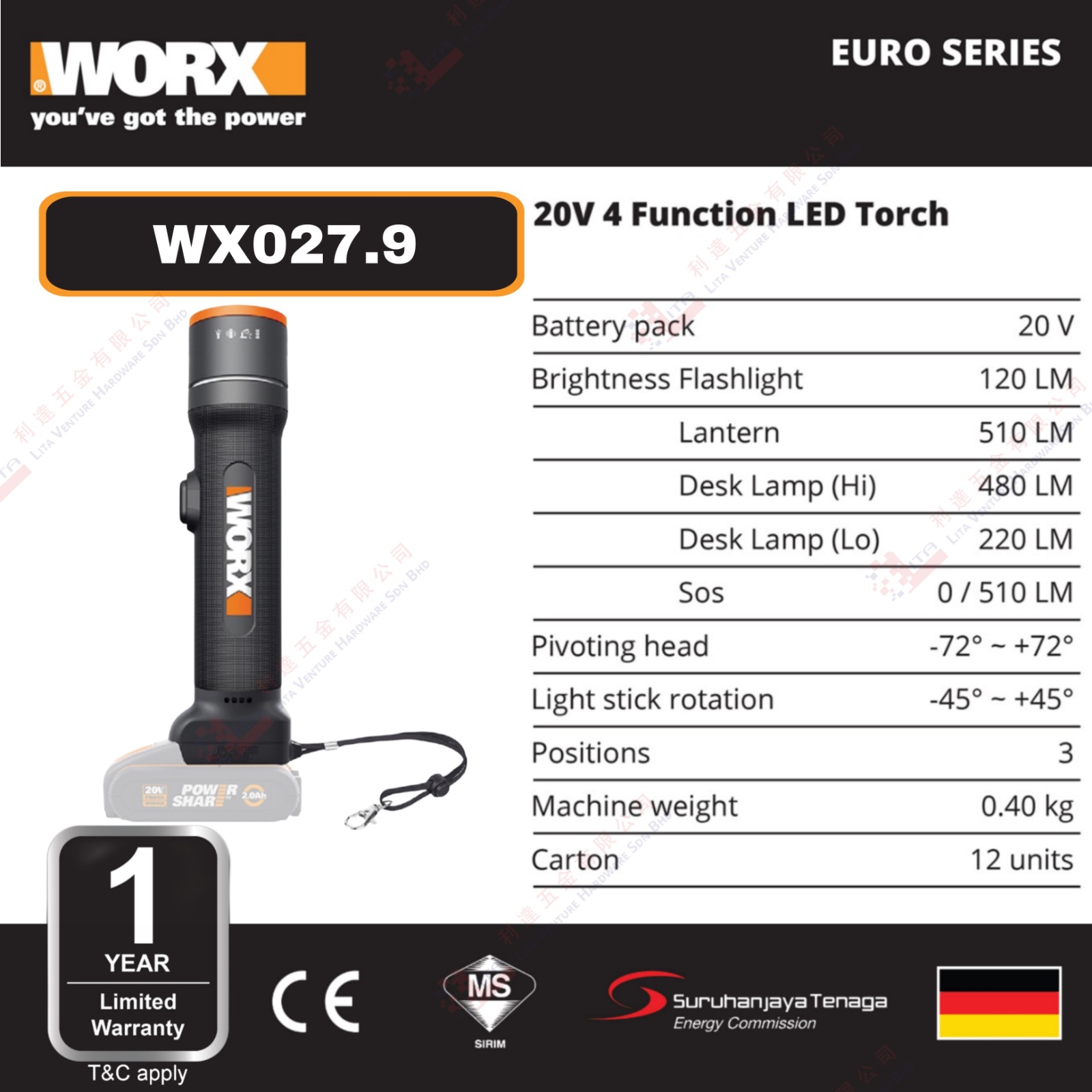 WORX BRAND 4 FUNCTION LED TORCH - WX027.9