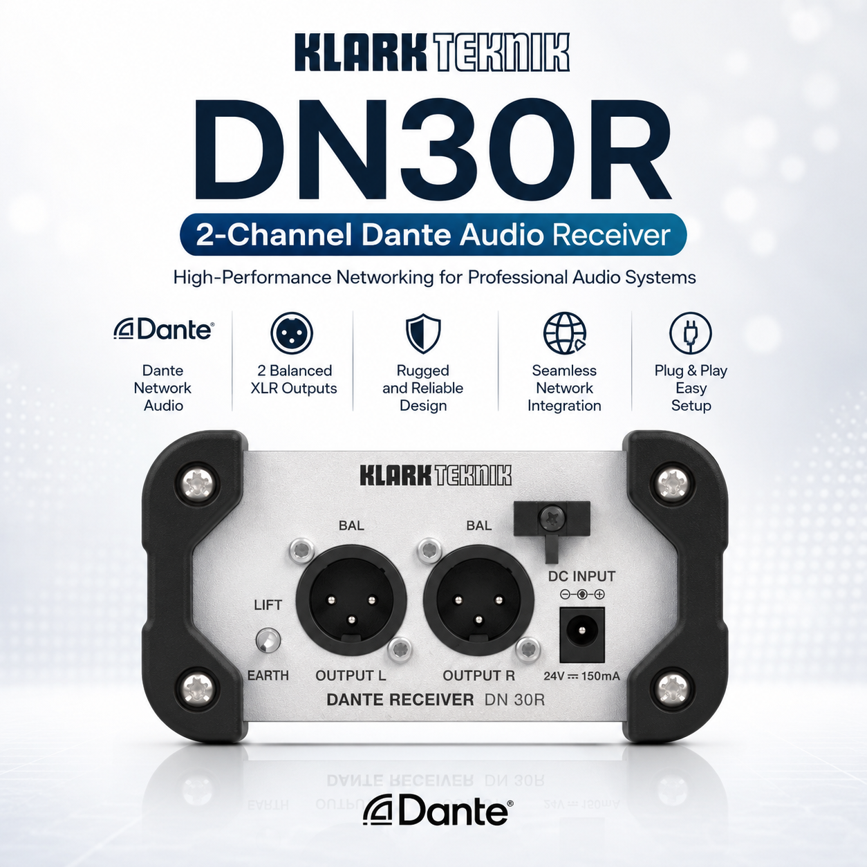 Klark Teknik DN30R – 双通道 Dante 音频接收器，高性能网络传输