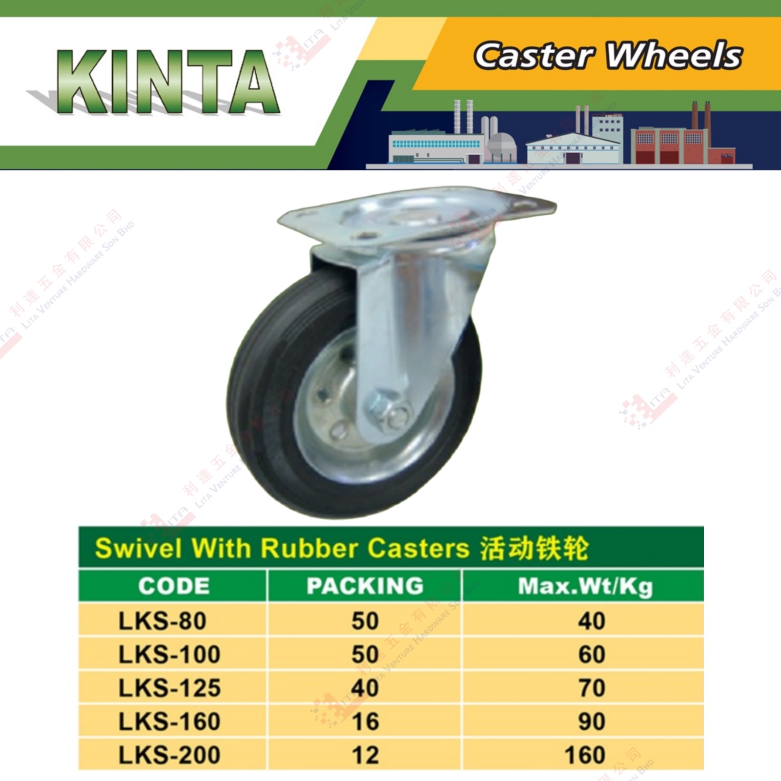 KINTA BRAND SWIVEL WITH RUBBER CASTER -  LKS80 LKS100 LKS125 LKS160 LKS200
