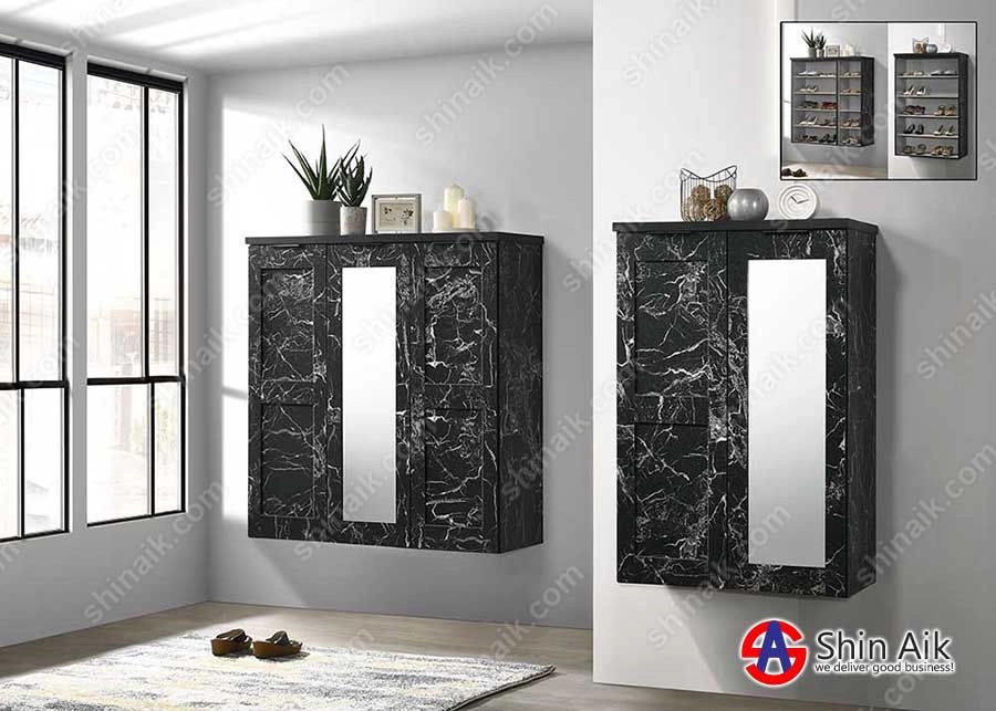SC715015/6 Black Marble Modern Storage Shoe Cabinet With Mirror