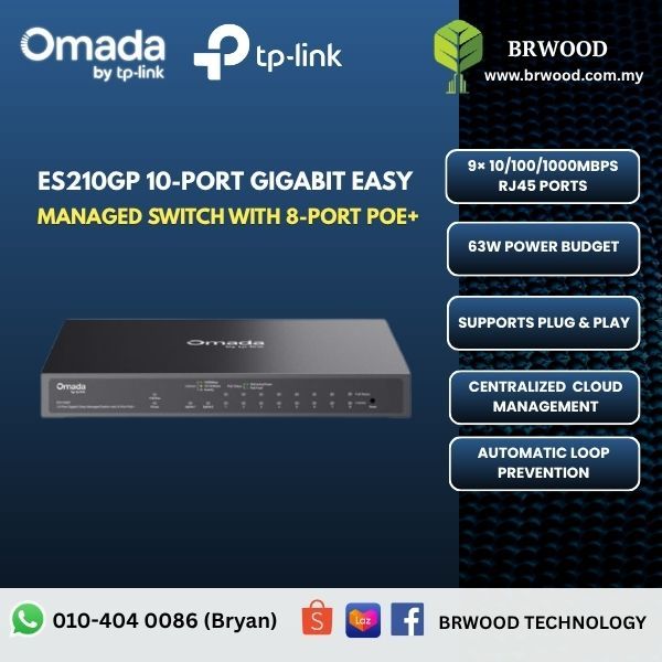 OMADA TP-LINK ES210GP: 10-Port Gigabit Easy Managed Switch with 8-Port PoE+