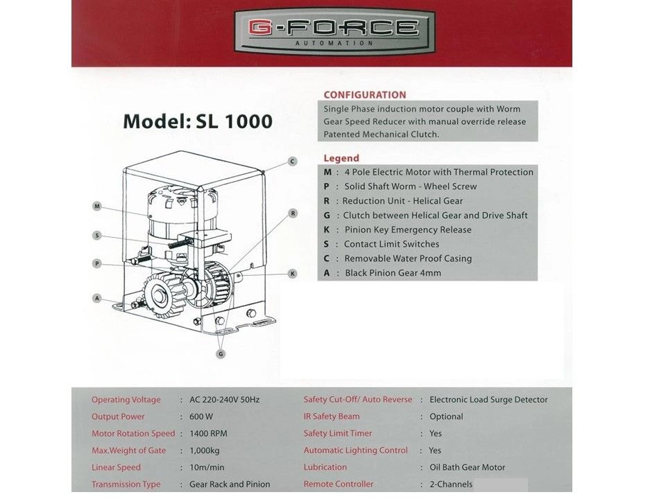 G-FORCE SL1000 AC SLIDING MOTOR AUTOGATE (METAL GEAR)