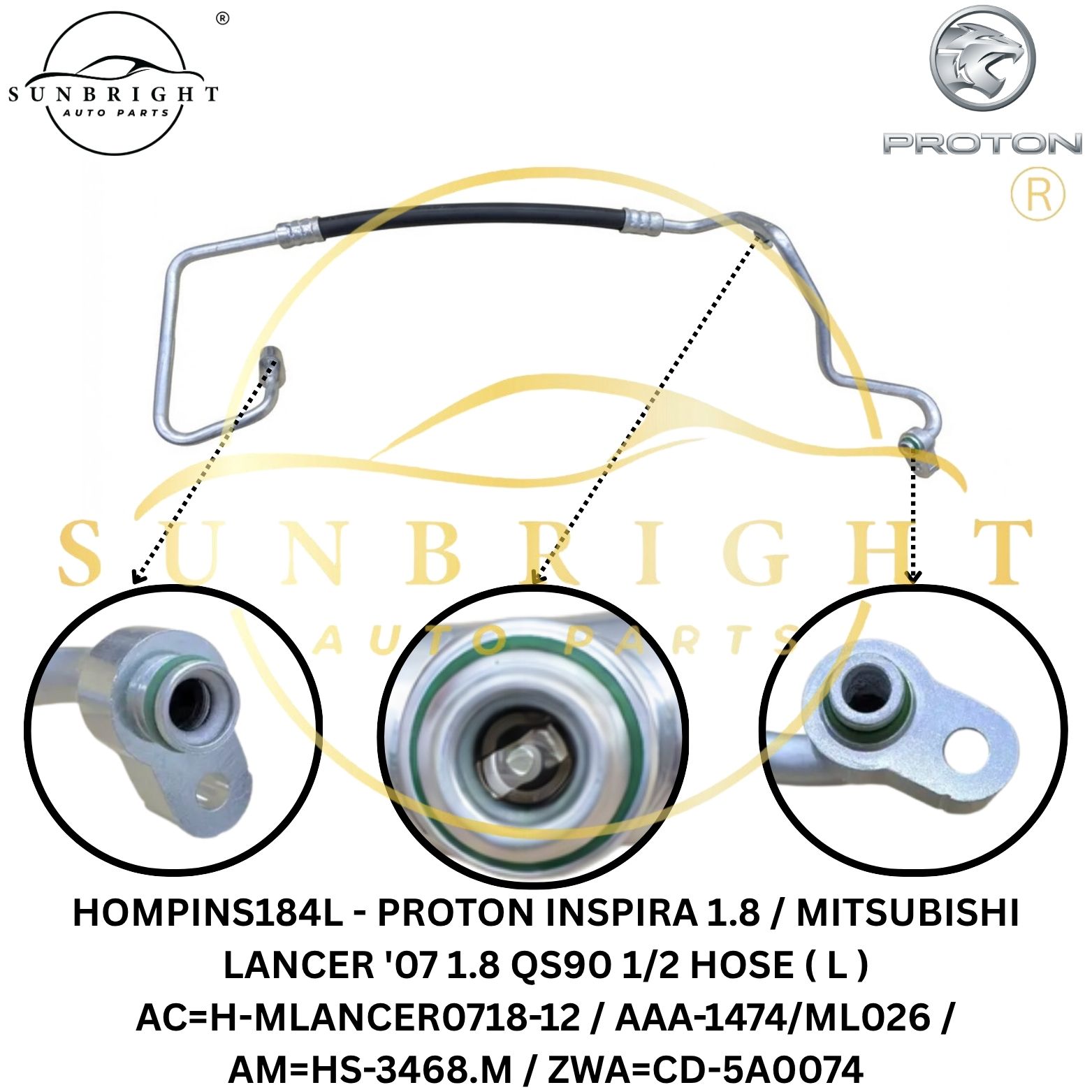 HOMPINS184L - PROTON INSPIRA 1.8 / MITSUBISHI LANCER '07 1.8 QS90 1/2 HOSE ( L ) AC=H-MLANCER0718-12 / AAA-1474/ML026 / AM=HS-3468.M / ZWA=CD-5A0074