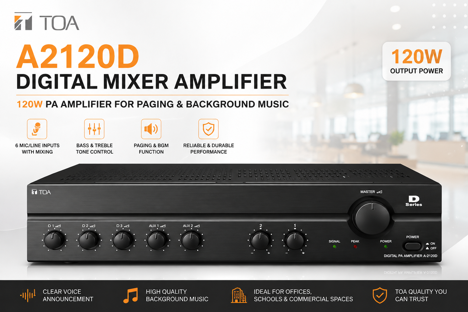TOA A2120D Digital Mixer Amplifier – 120W PA Amplifier for Paging & Background Music