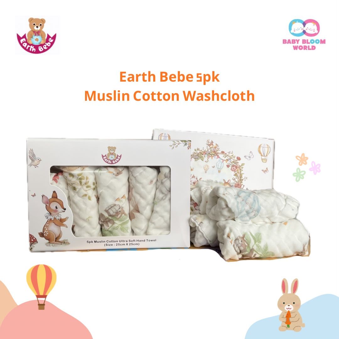 Earth Bebe 5pk Muslin Cotton Washcloth (Random Design)