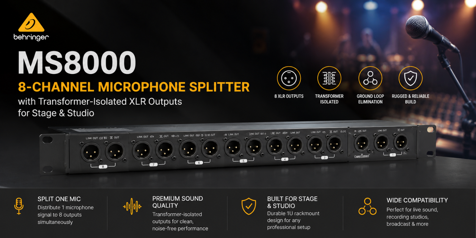 Behringer MS8000 – Pemisah Mikrofon 8-Saluran dengan Output XLR Terasing Transformer untuk Pentas & Studio