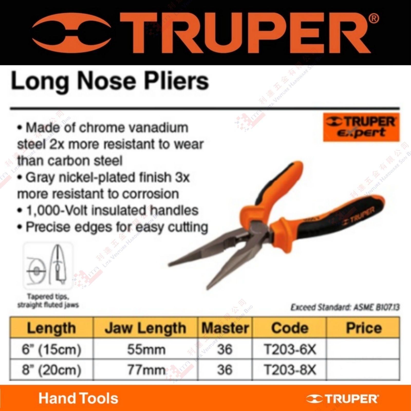 TRUPER BRAND LONG NOSE PLIER - T2036X T2038X