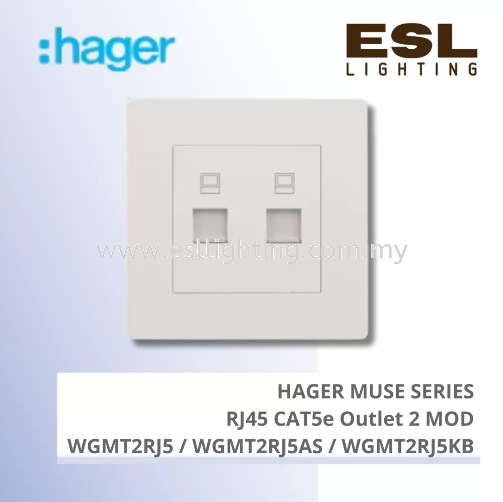 HAGER Muse Series - RJ45 cat5e outlet 2 MOD - WGMT2RJ5 / WGMT2RJ5AS / WGMT2RJ5KB