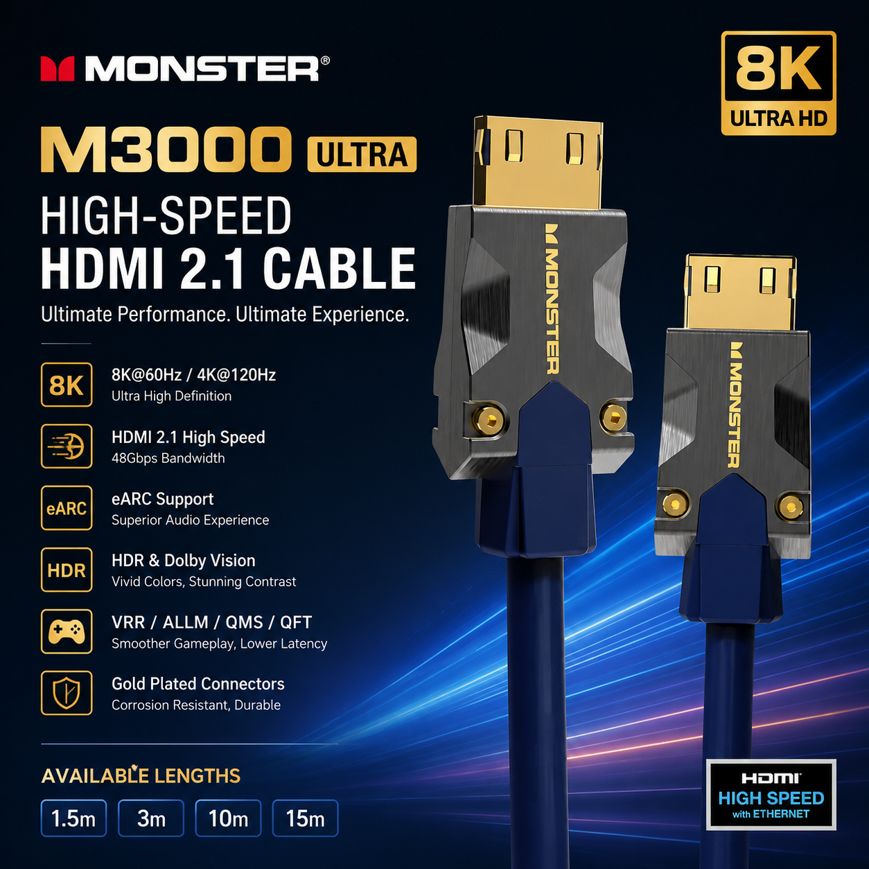 Monster M3000 超高速 HDMI 2.1 线 – 8K@60Hz / 4K@120Hz，支持 eARC、HDR、Dolby Vision (1.5米 / 3米 / 10米 / 15米)