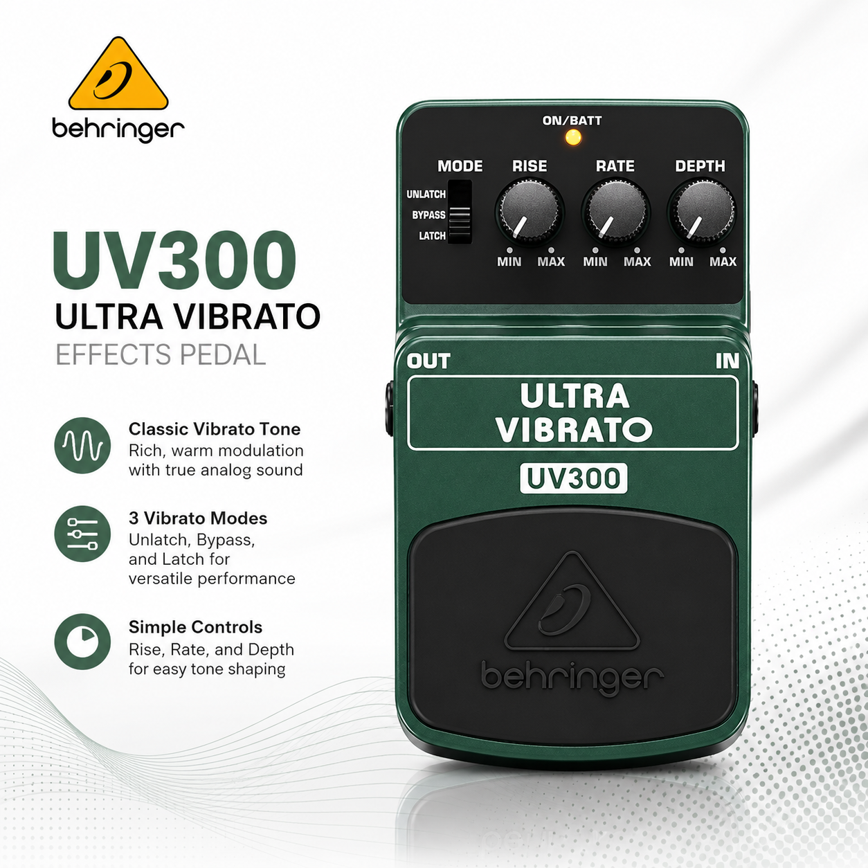 Behringer UV300 Ultra Vibrato Effects Pedal – Classic Analog Vibrato Guitar Pedal with Rise, Rate & Depth Controls