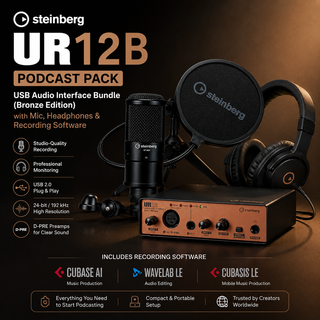 Steinberg UR12B Podcast Pack – Pakej Antaramuka Audio USB (Edisi Gangsa) dengan Mikrofon, Fon Kepala & Perisian Rakaman