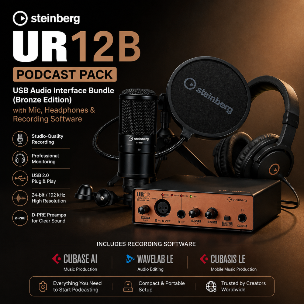 Steinberg UR12B Podcast Pack – USB Audio Interface Bundle (Bronze Edition) with Mic, Headphones & Recording Software