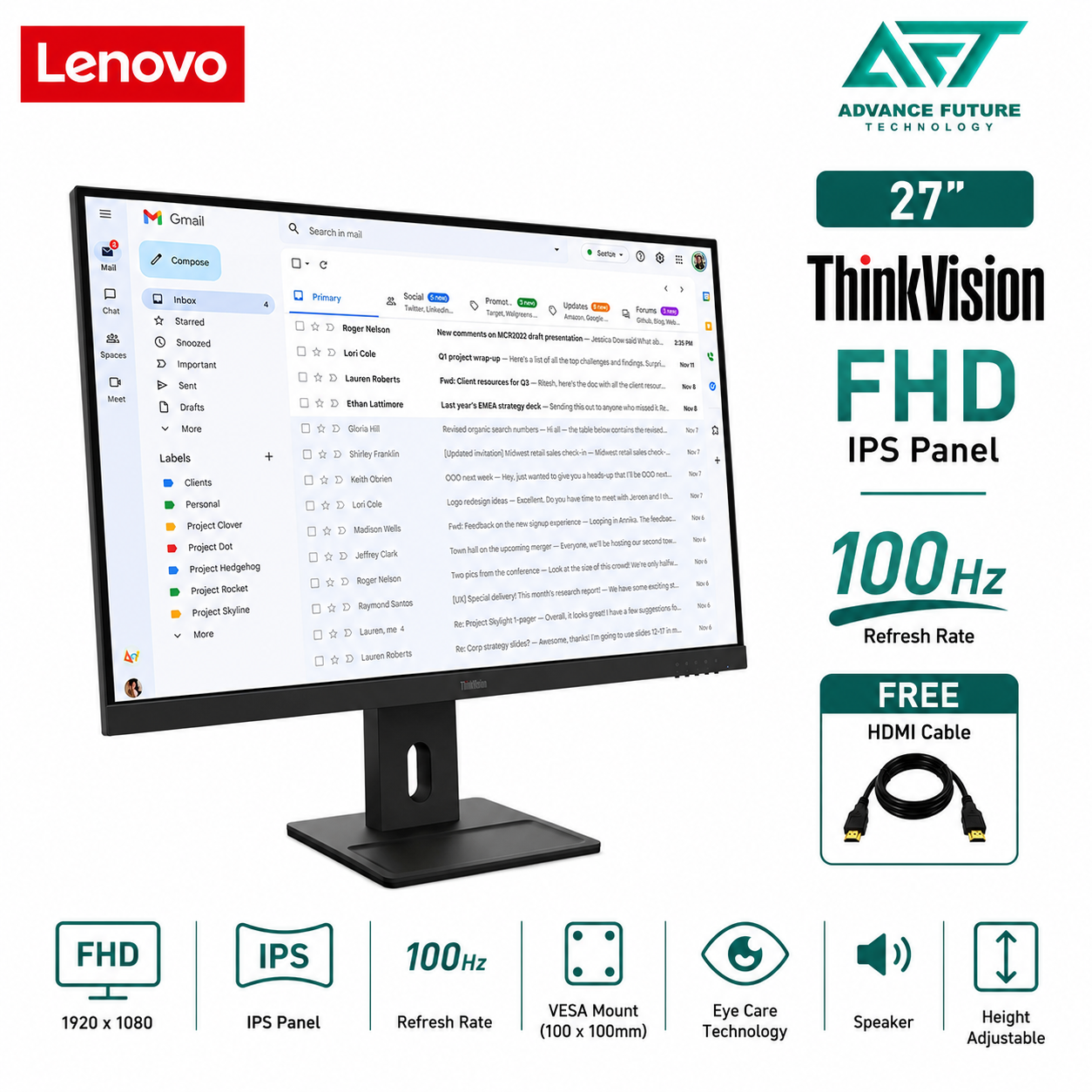 Lenovo ThinkVision E27-40 64BCMAR4MY 27'' FHD IPS 100Hz Flat Monitor ( Speaker, HDMI, DP, VGA, 3 Years Warranty )