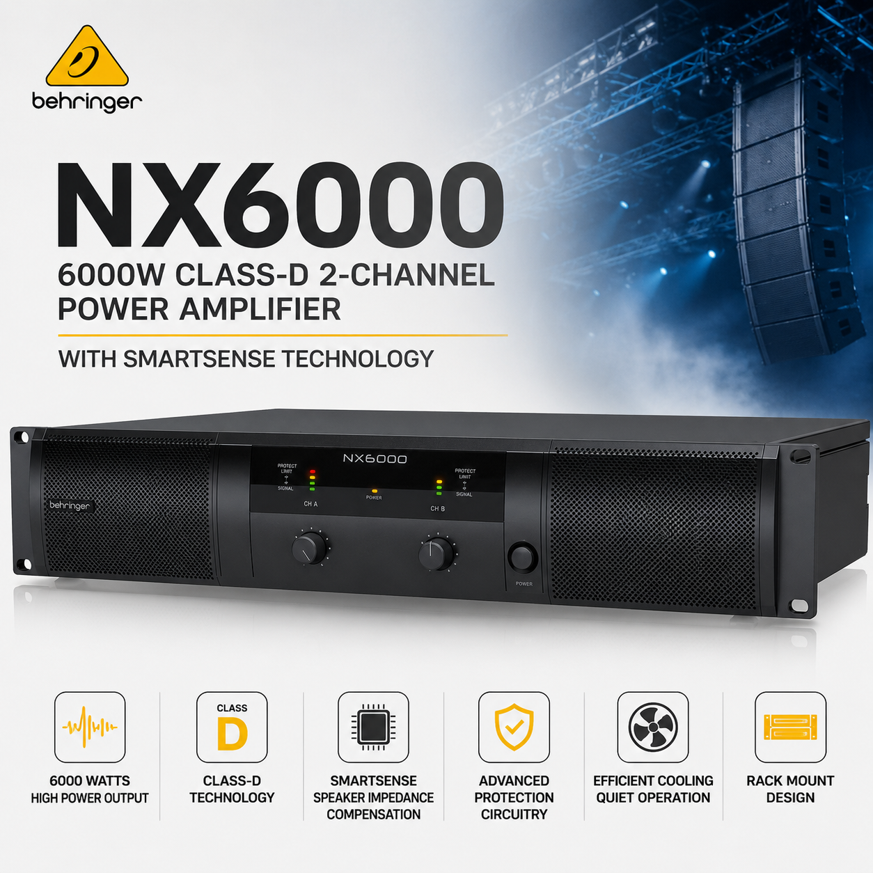 Behringer NX6000 – 6000W Class-D 2-Channel Power Amplifier with SmartSense Technology