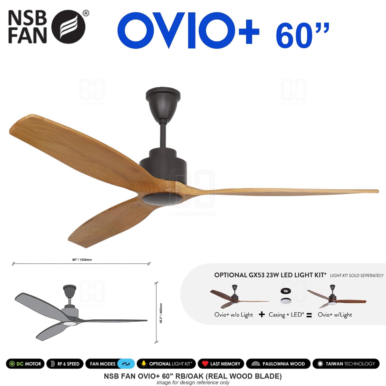 NSB FAN OVIO+ 60" RB/OAK (REAL WOOD BLADE)