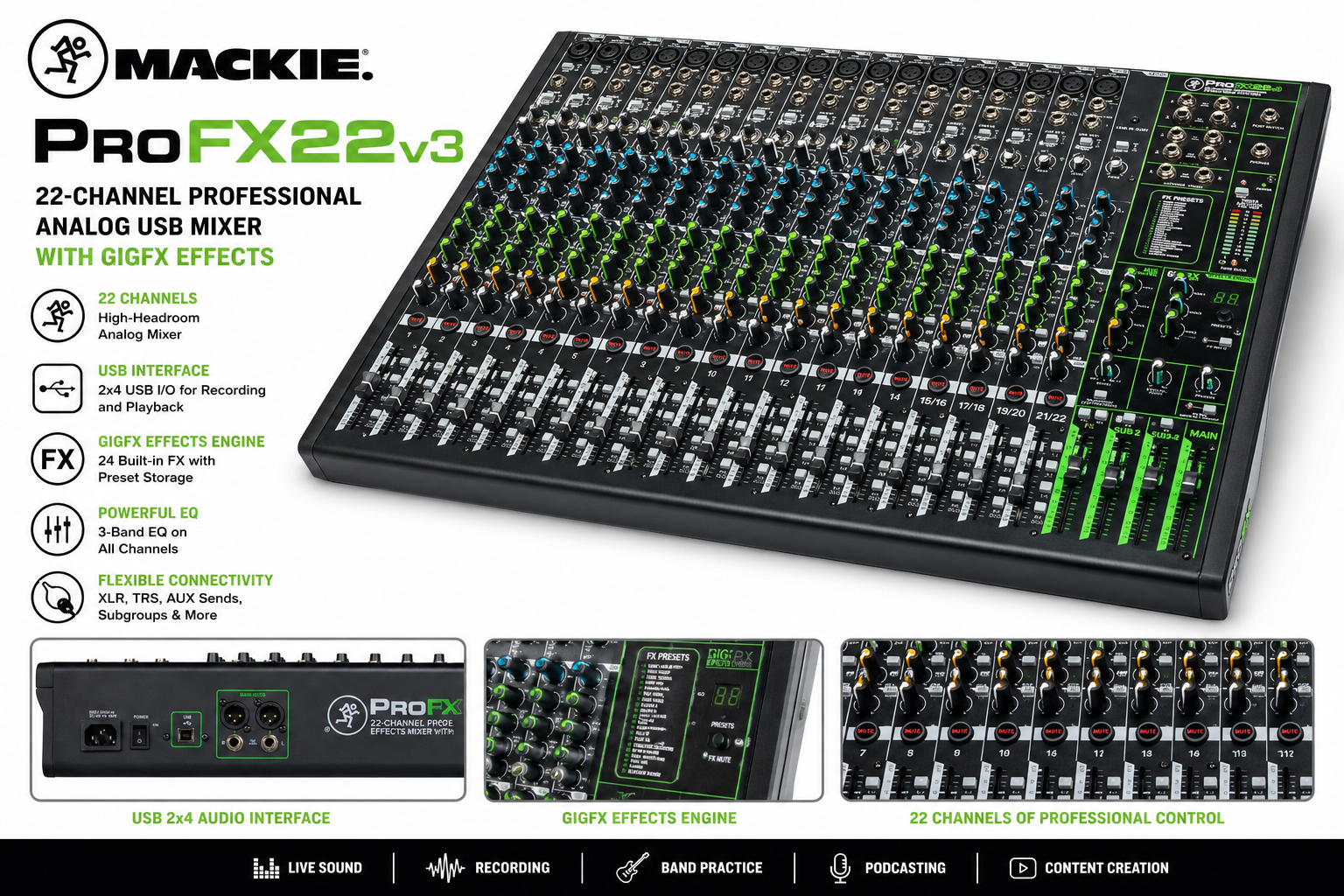 Mackie ProFX22v3 22 通道 专业模拟 USB 调音台（内置 GigFX 效果器）