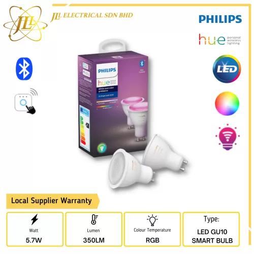  PHILIPS HUE LED BLUETOOTH 5.7W GU10 WHITE & COLOR AMBIENCE TWIN PACK HUE LED BULB (SMART LIGHT) - JLL Electrical Sdn Bhd