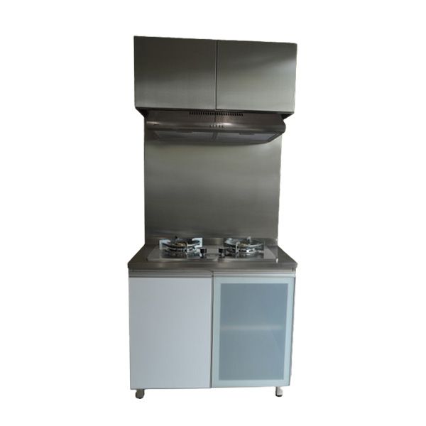 Stainless Steel Wall Cabinet for Kitchen Hood with Swing Door + Shelf Stainless Steel Counter with 2 Swing Door Burner Stove