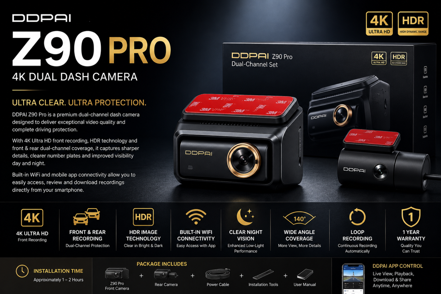 DDPAI Z90 Pro 4K Dual Dash Camera - Ultra Clear Ultra Vision