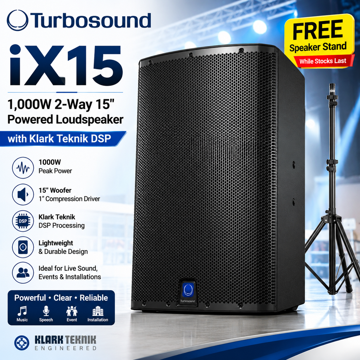 Turbosound iX15 – 1,000W 2-Way 15" Powered Loudspeaker with Klark Teknik DSP + Free Speaker Stand (While Stocks Last)