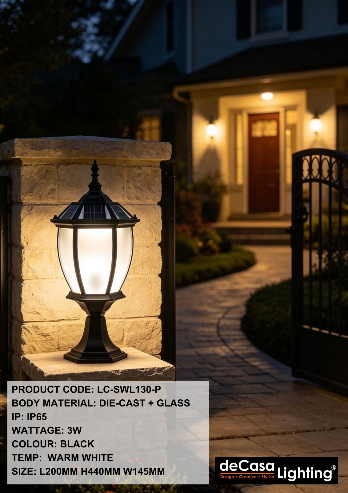 SOLAR OUTDOOR LED GATE LAMP / PILLAR LIGHT (L1-SWL130-P)
