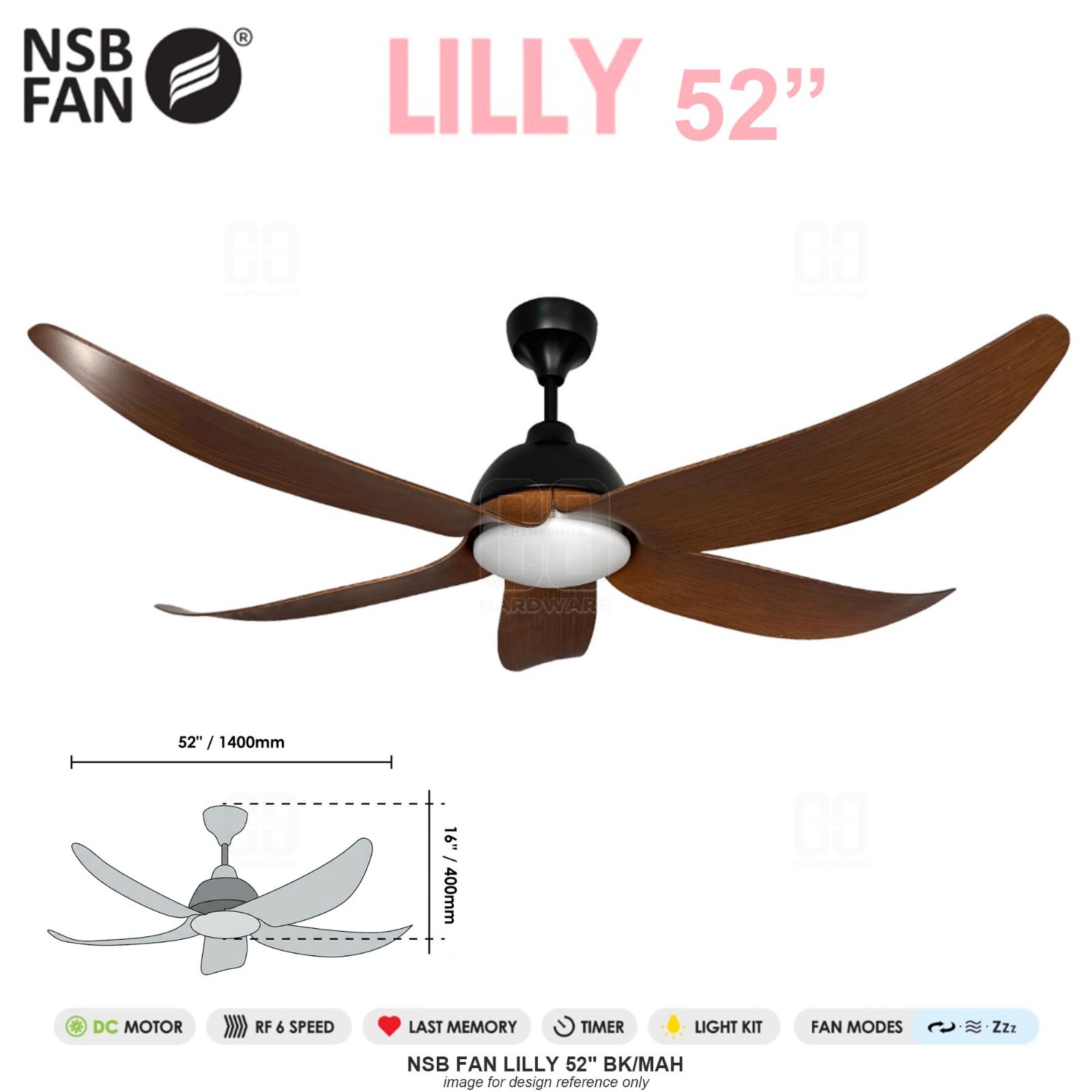 NSB FAN LILLY 52" BK/MAH