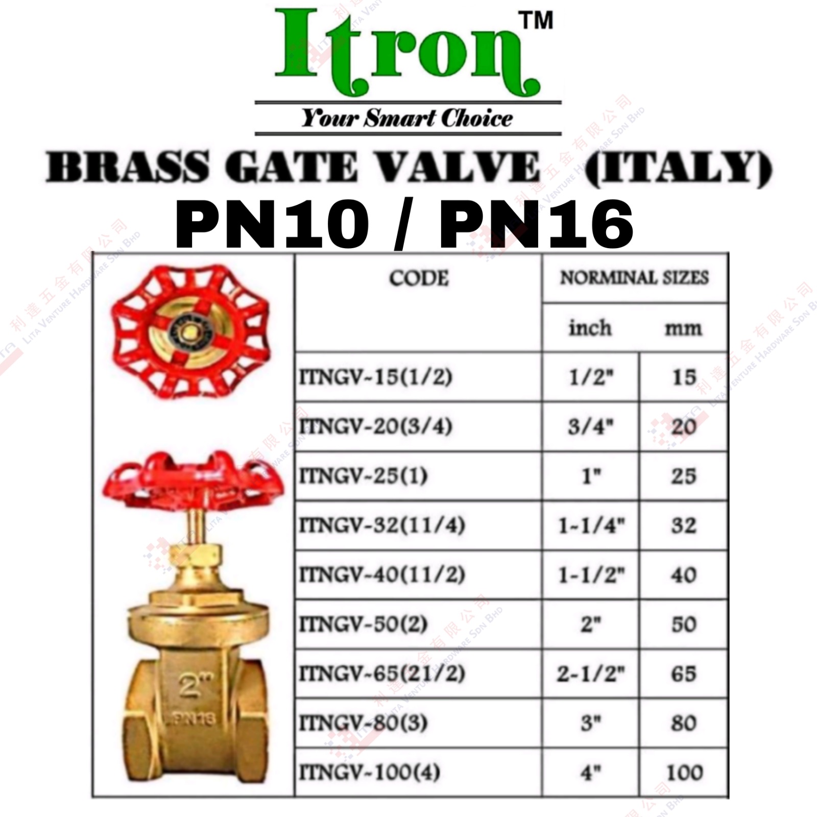 ITRON BRAND BRASS GATE VALVE PN20 PN16 - ITNGV1512 ITNGV2034 ITNGV251 ITNGV32114 ITNGV40112 ITNGV502 ITNGV65212 ITNGV803 ITNGV1004