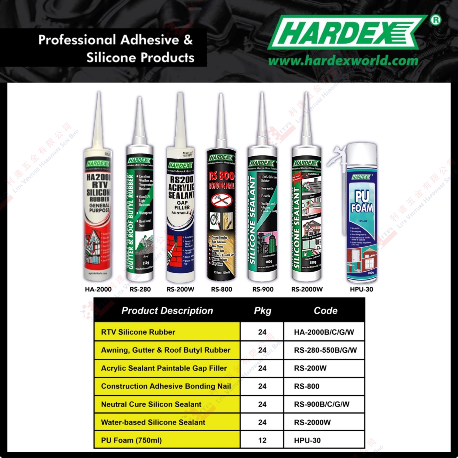 HARDEX BRAND ADHESIVE SILICONE - HA2000BCGW RS280550BGW RS200W RS800 RS900BCGW RS2000W HPU30