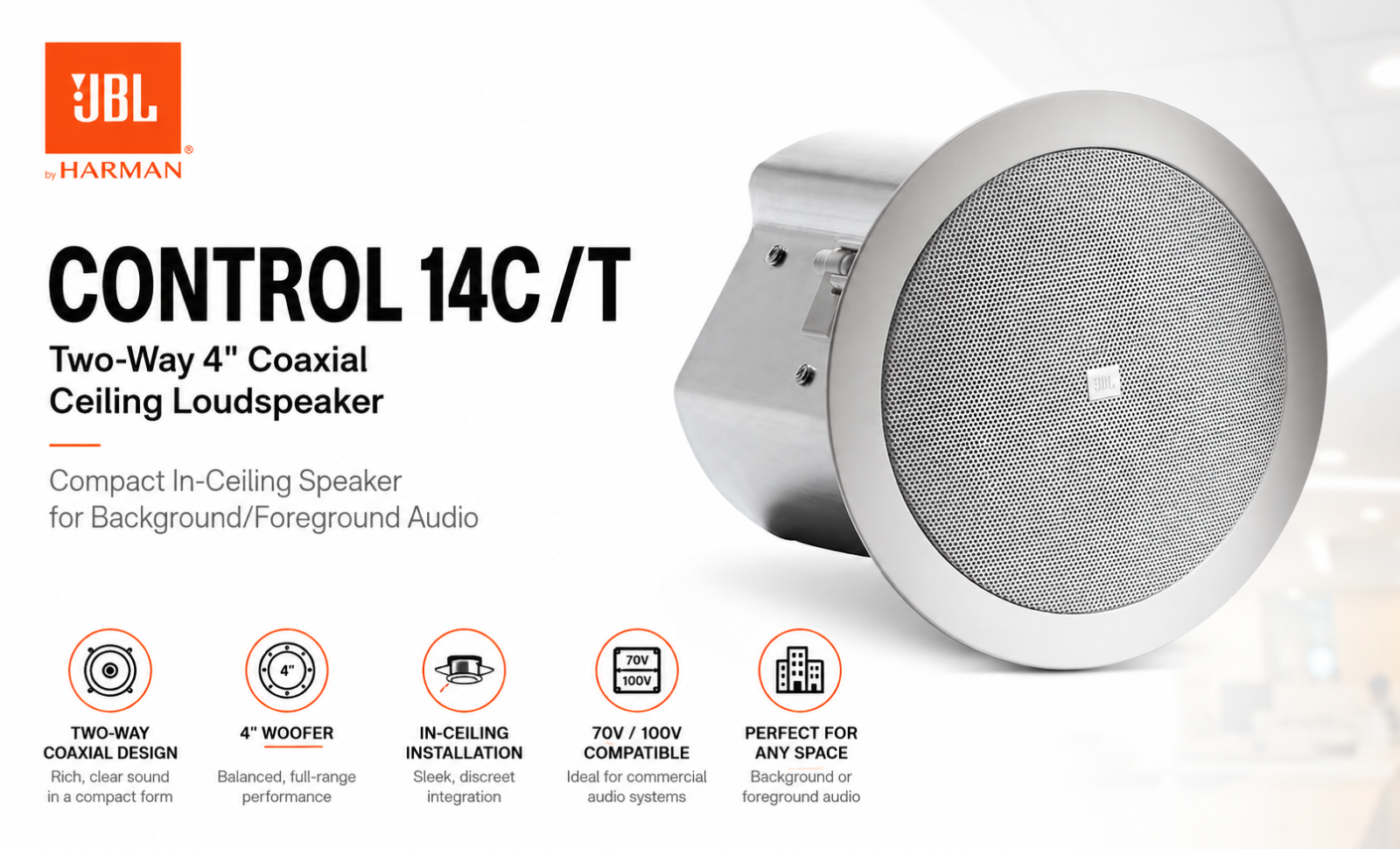 JBL Control 14C/T – Two-Way 4" Coaxial Ceiling Loudspeaker (Compact In-Ceiling Speaker for Background/Foreground Audio)