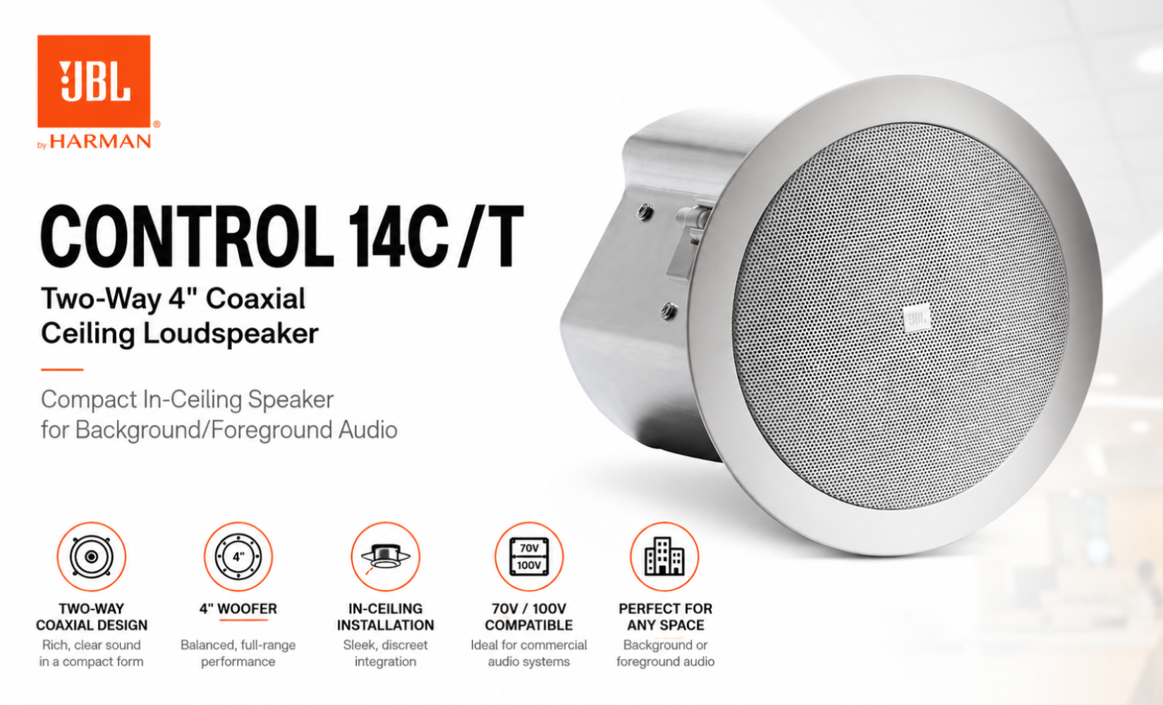 JBL Control 14C/T â Two-Way 4" Coaxial Ceiling Loudspeaker (Compact In-Ceiling Speaker for Background/Foreground Audio)