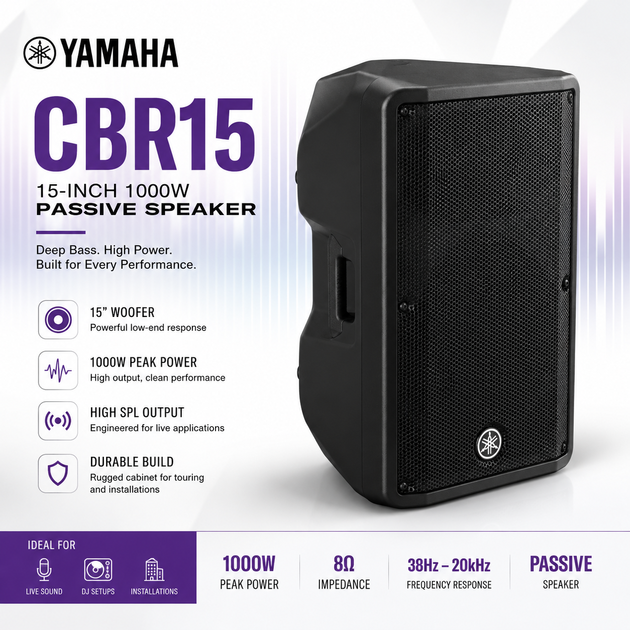 Yamaha CBR15 – 15-Inch 1000W Passive Speaker with Deep Bass & High SPL for Live Sound, DJ & Installations